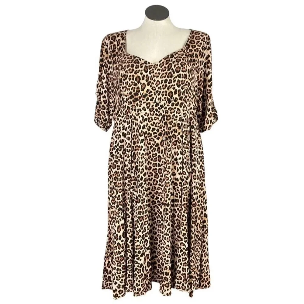 Torrid Dress Womens 3X Leopard Print Retro Chic Brown Midi Sweetheart Neck Plus - Picture 2 of 9